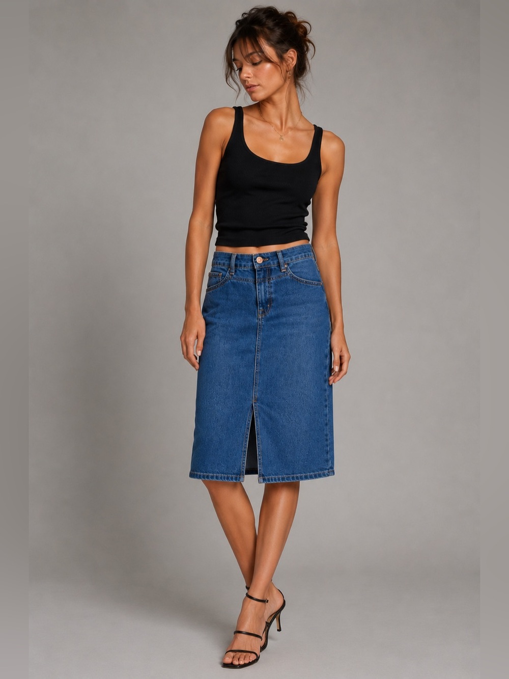 Edited x Hunter McGrady Denim Midi Skirt High Rise Front Slit Stretch Blue - 2